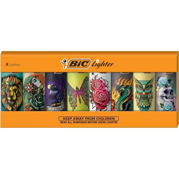 BIC Maxi Pocket Lighter Special Edition Party Animal Collection Assorted Unique Lighter Designs 8 Count Pack of LightersTattoos