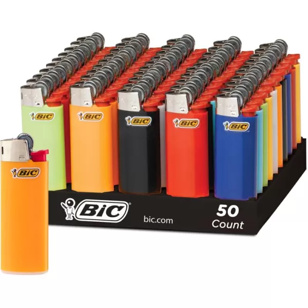 BIC Mini Pocket Lighters Assorted Bright Colors 50Count Tray Safe and Reliable ChildResistant Lighters