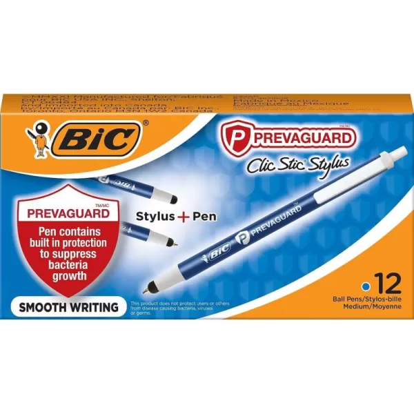 BIC PrevaGuard Clic Stic Ballpoint Pen ampamp Stylus With Builtin Protection To Suppress Bacteria Growth Medium Point 10mm Blue 12Count