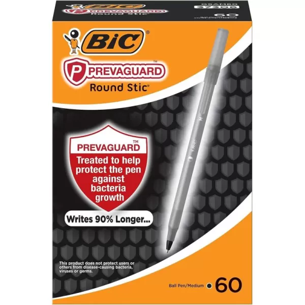 BIC PrevaGuard Round Stic Ballpoint Pen With Builtin Protection To Suppress Bacteria Growth Medium Point 10 mm Black 60Count60 Count Pack of 1