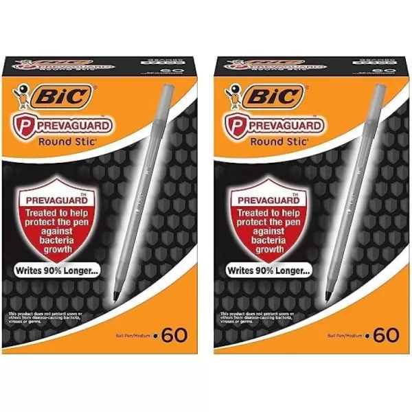 BIC PrevaGuard Round Stic Ballpoint Pen With Builtin Protection To Suppress Bacteria Growth Medium Point 10 mm Black 60Count60 Count Pack of 2