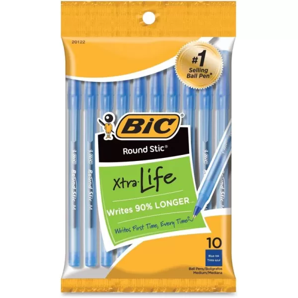 BIC Round Stic Ball Pens Stick Blue Medium Point 10Pack