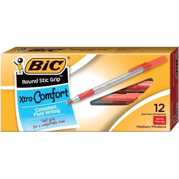 BIC Round Stic Grip Xtra Comfort Ballpoint Pen Medium Point 12mm Red 12Count12 Count Pack of 1