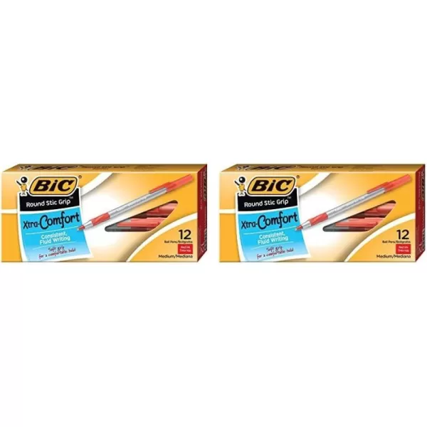BIC Round Stic Grip Xtra Comfort Ballpoint Pen Medium Point 12mm Red 12Count12 Count Pack of 2