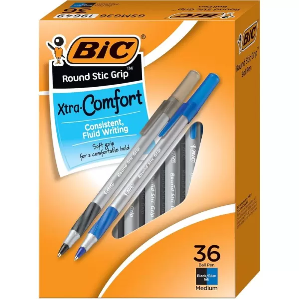 BIC Round Stic Grip Xtra Comfort Ballpoint Pens Medium Point 12mm Ink Pens Black ampamp Blue Soft Grip For Added Comfort And Control 36Count GSMG361AST