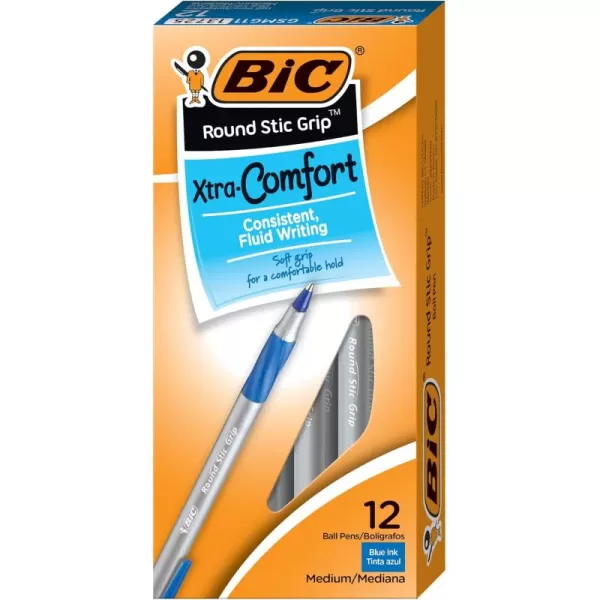 BIC Round Stic Grip Xtra Comfort Blue Ballpoint Pens Medium Point 12mm 12Count Pack Excellent Writing Pens With Soft Grip for Superb Comfort and Control12 Count Pack of 1