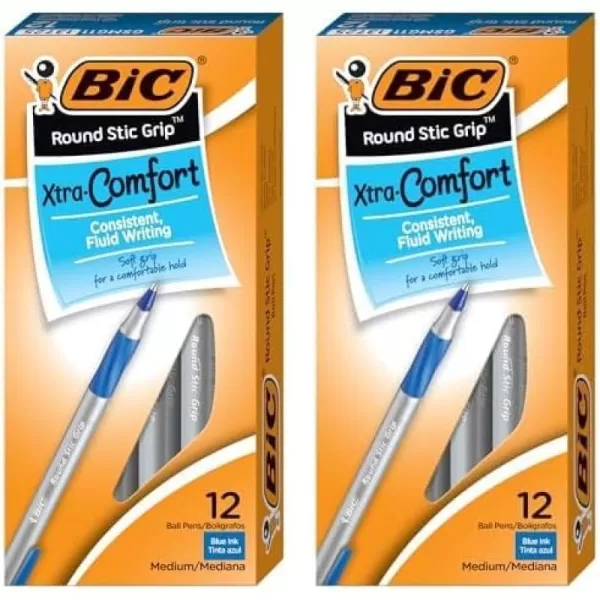 BIC Round Stic Grip Xtra Comfort Blue Ballpoint Pens Medium Point 12mm 12Count Pack Excellent Writing Pens With Soft Grip for Superb Comfort and Control12 Count Pack of 2