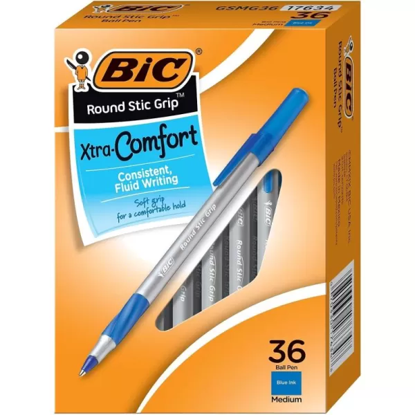 BIC Round Stic Grip Xtra Comfort Blue Ballpoint Pens Medium Point 12mm 36Count Pack Excellent Writing Pens With Soft Grip for Superb Comfort and Control
