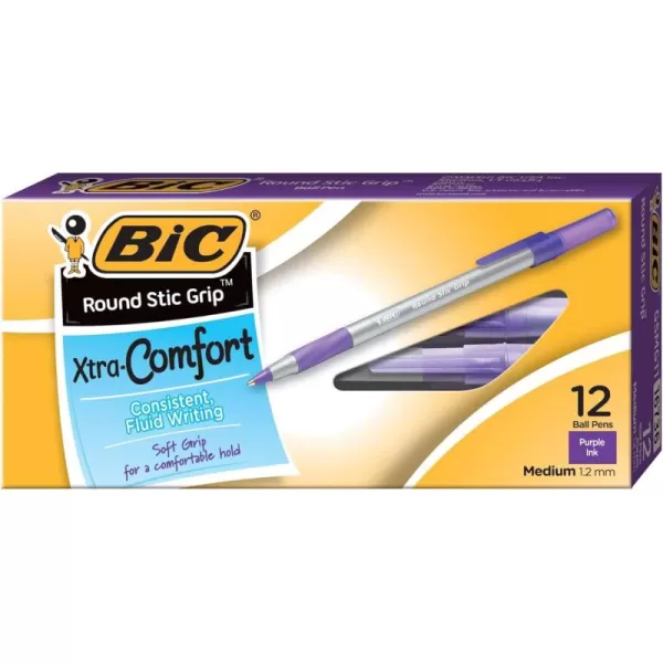 BIC Round Stic Grip Xtra Comfort Fashion Ball Point Pen Purple 12 PackPen