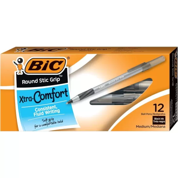 BIC Round Stic Grip XtraComfort Medium Ball Point Pen Black 12 Pack12 Count Pack of 1