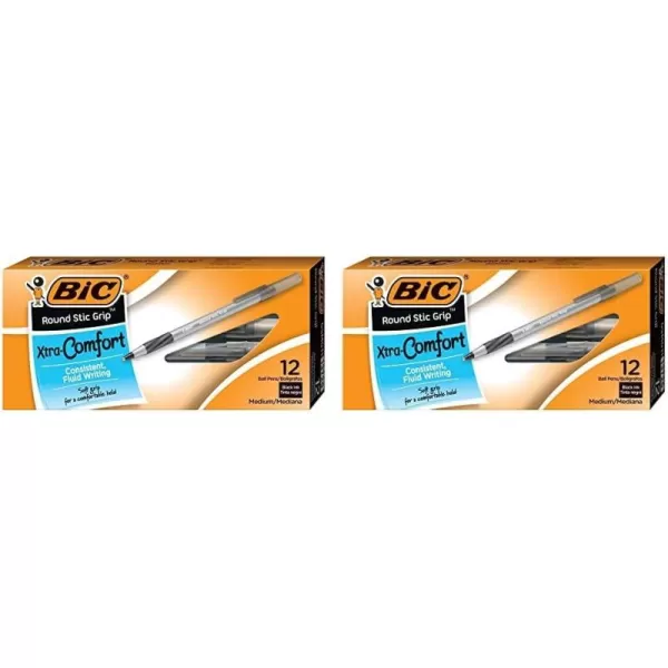 BIC Round Stic Grip XtraComfort Medium Ball Point Pen Black 12 Pack12 Count Pack of 2