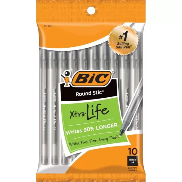 BIC Round Stic Xtra Life Ballpoint Pen Medium Point 10mm Black 10CountBlack
