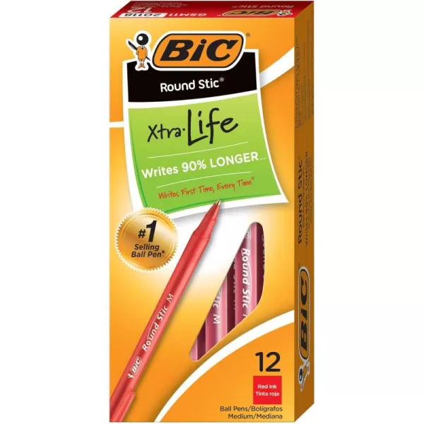 BIC Round Stic Xtra Life Ballpoint Pen Medium Point 10mm Black 10CountRed