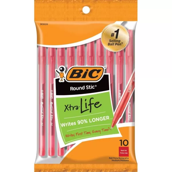 BIC Round Stic Xtra Life Ballpoint Pen Medium Point 10mm Red 10Count10 Count Pack of 1
