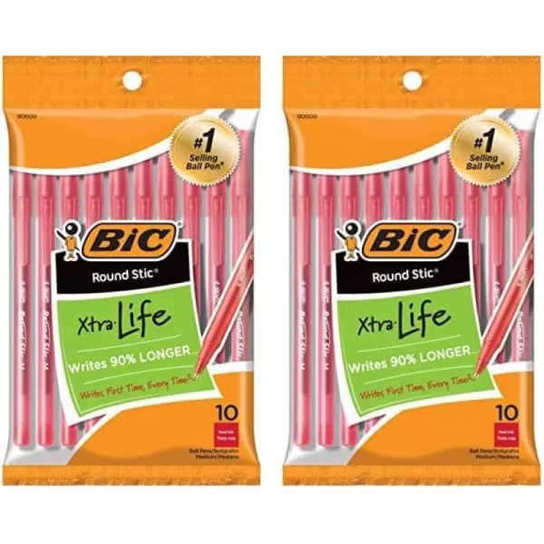 BIC Round Stic Xtra Life Ballpoint Pen Medium Point 10mm Red 10Count10 Count Pack of 2