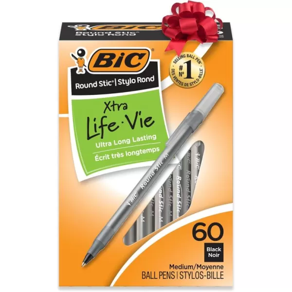 BIC Round Stic Xtra Life Ballpoint Pens Medium Point 10mm Black 60Count Pack Flexible Round Barrel For Writing Comfort Perfect Teacher Appreciation GiftsBlack