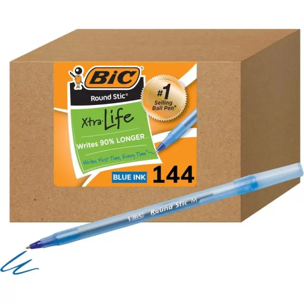 BIC Round Stic Xtra Life Blue Ballpoint Pens Medium Point 10mm 144Count Pack of Bulk Pens Flexible Round Barrel for Writing Comfort No 1 Selling Ballpoint Pens
