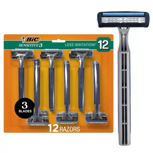 BIC Sensitive 3 Disposable Razors for Men With 3 Blades for Sensitive Skin 12 Count Value Pack of Shaving Razors