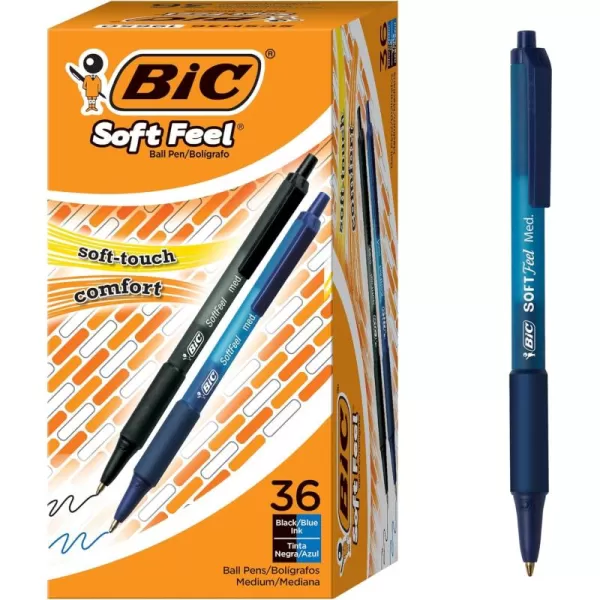 BIC Soft Feel Assorted Colors Retractable Ballpoint Pens Medium Point 10mm 36Count Pack Black and Blue Pens With SoftTouch Comfort Grip Perfect Color Pens For Note TakingBlack  Blue