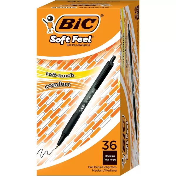 BIC Soft Feel Black Retractable Ballpoint Pens Medium Point 10mm 36Count Pack Black Pens With SoftTouch Comfort Grip36 Count Pack of 1