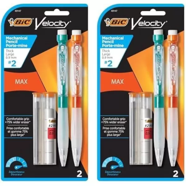 BIC Velocity Max Mechanical Pencils With Colorful Barrel Medium Point 07mm 2Count Pack Mechanical Pencils With Erasers and Lead RefillsBlack