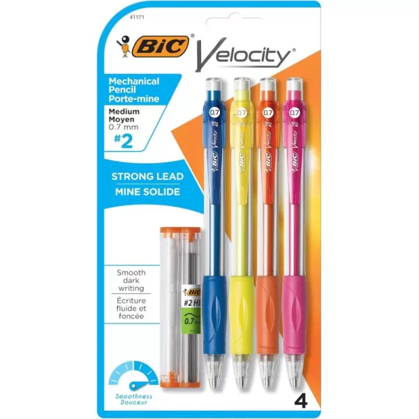 BIC Velocity Mechanical Pencils With Colorful Barrel Medium Point 07mm 4Count Pack Mechanical Pencils With Eraser and Lead Refills