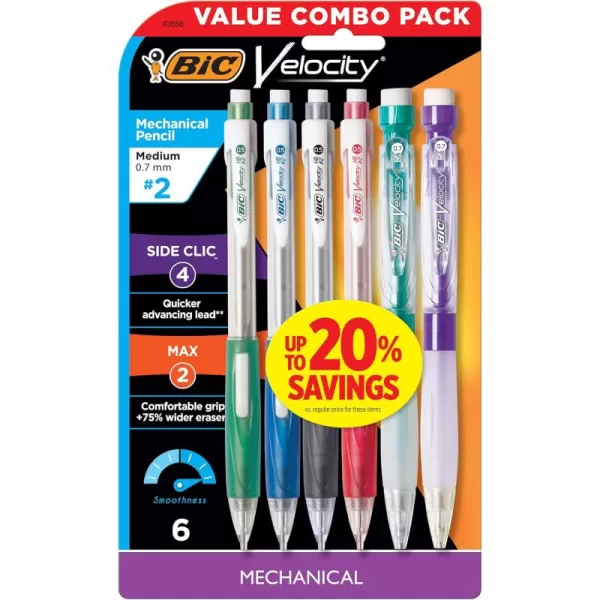BIC Velocity Mechanical Pencils With Colorful Barrel Medium Point 07mm 6Count Pack Mechanical Pencils With Eraser and Lead Refills