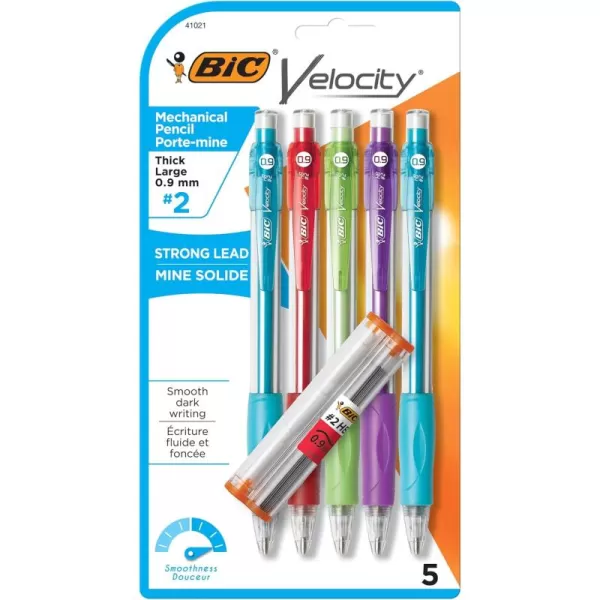 BIC Velocity Strong Lead Mechanical Pencils With Colorful Barrel Thick Point 09mm 5Count Pack Mechanical Pencils With Erasers5 Count Pack of 1