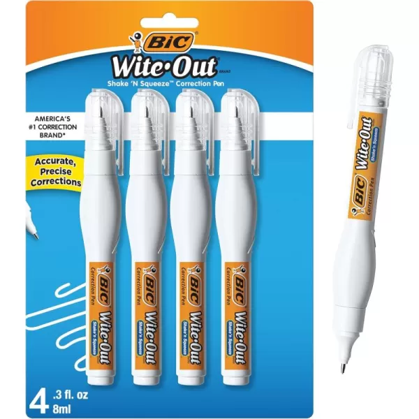 BIC WiteOut Brand Shake n Squeeze Correction Pen 8 ML Correction Fluid 4Count Pack of white Correction Pens Fast Clean and Easy to Use Office or School SuppliesCorrection Pen