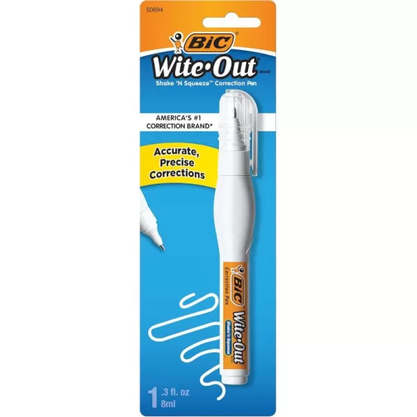 BIC WiteOut Brand Shake n Squeeze Correction Pen 8 ML Fluid 1 Count Pack of white Pens Fast Clean and Easy to Use Pen Office or School Supplies