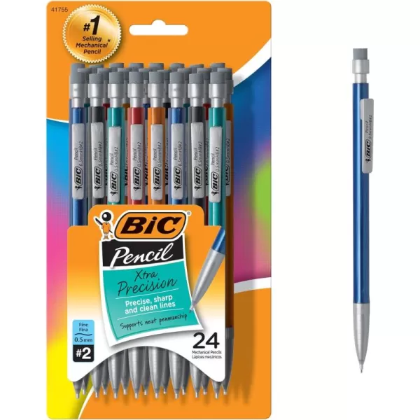 BIC XtraPrecision Mechanical Pencil Metallic Barrel Fine Point 05mm 24Count Doesnt Smudge and Erases Cleanly24 Count Pack of 1