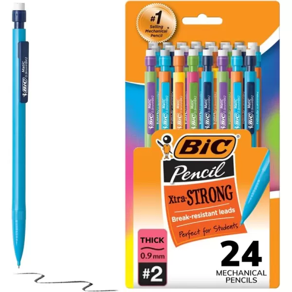 BIC XtraStrong Thick Lead Mechanical Pencil With Colorful Barrel Thick Point 09mm 24Count Pack With Erasers MPLWP24109mm