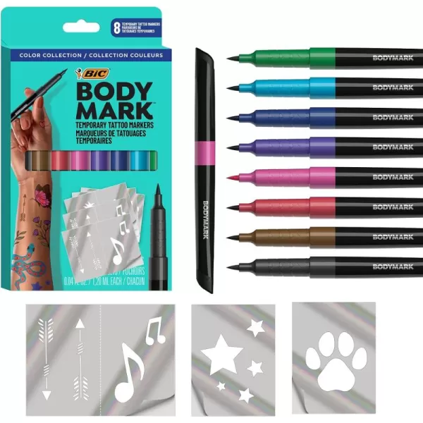 BODYMARK Temporary Tattoo Markers 8Count Color Collection SkinSafe ampamp Cosmetic Quality CrueltyFree LongLasting Flexible Brush Tip Stencils Included