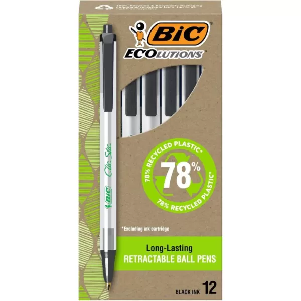 imageBIC Ecolutions Clic Stic Black Ballpoint Pens Medium Point 10mm 12Count Pack Retractable Ball Point Pens Made from 78 Recycled Plastic