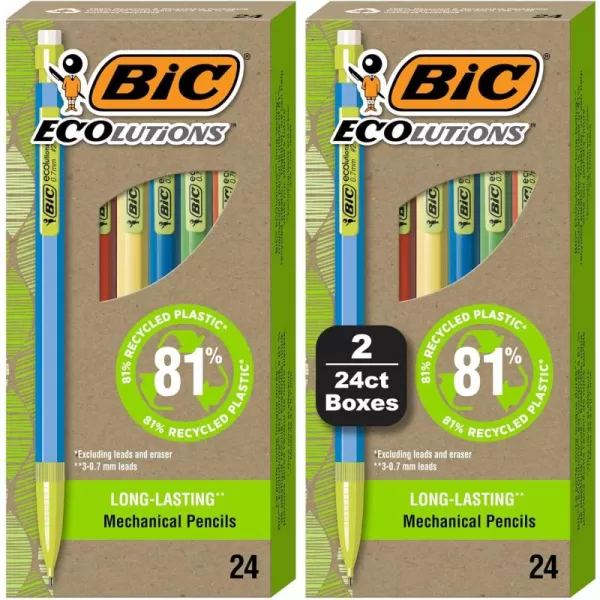 imageBIC Ecolutions Mechanical Pencils with Erasers With Colorful Barrel Medium Point 07mm 96Count Pack Mechanical Pencils Made from 81 Recycled Plastic Excluding Leads and Erasers24 Count Pack of 2