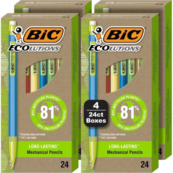 imageBIC Ecolutions Mechanical Pencils with Erasers With Colorful Barrel Medium Point 07mm 96Count Pack Mechanical Pencils Made from 81 Recycled Plastic Excluding Leads and Erasers24 Count Pack of 4