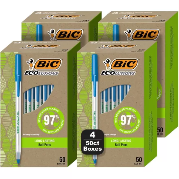 imageBIC Ecolutions Round Stic Ballpoint Pens Medium Point 10mm 200Count Pack Blue Ink Pens Made from 97 Recycled PlasticBlue