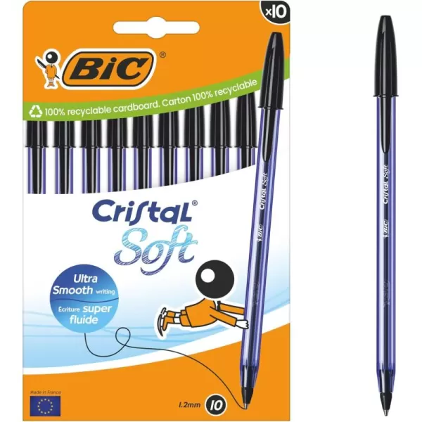 imageBic Cristal Soft Ballpoint Pens Medium Tip 12 mm with Easy Glide Ink  Black Box of 10BLACK