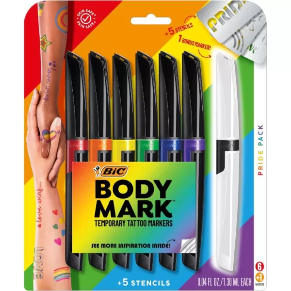 imageBodyMark by BIC Temporary Tattoo Marker Pride Pack SkinSafe Mixed Brush Tip ampamp Fine Tip Assorted Colors 6Pack  1 Bonus Marker