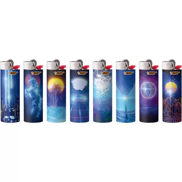 imageBIC Pocket Lighter Special Edition Retro Wave Collection Assorted Unique Lighter Designs 8 Count Tray of Lighters