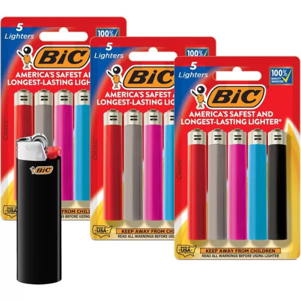 imageBIC Classic Lighters Pocket Style Safe ChildResistant Assorted Colors packaging may vary 5Count Pack of 3