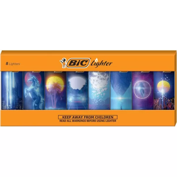 imageBIC Pocket Lighter Special Edition Retro Wave Collection Assorted Unique Lighter Designs 8 Count Tray of Lighters