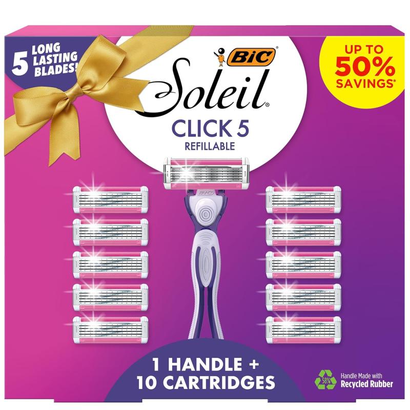 imageBIC Soleil Click 5 Womens Refillable 5 Blade Razors Moisture Strip For Enhanced Glide 1 Handle and 10 Cartridges 11Piece Razor Gift Set Great Gift Idea