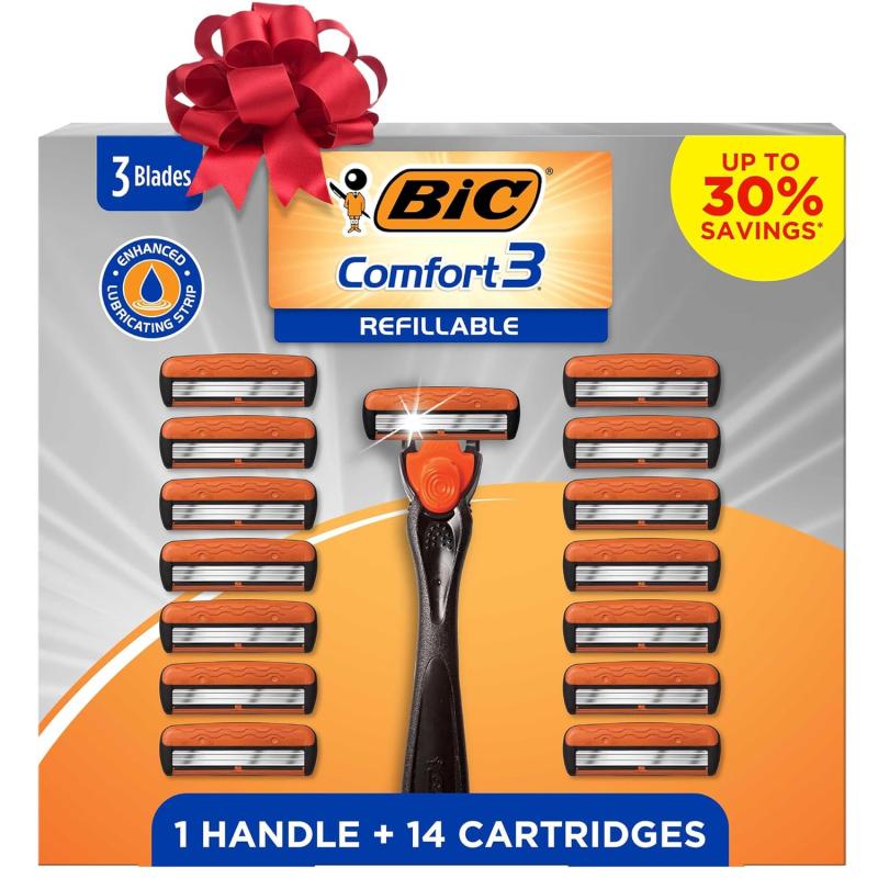 imageHoliday Special BIC Comfort 3 Refillable Mens Razor Set 3 Blade Razors with Enhanced Lubricating Strip 1 Handle and 14 Cartridges 15Piece Giftbox Set