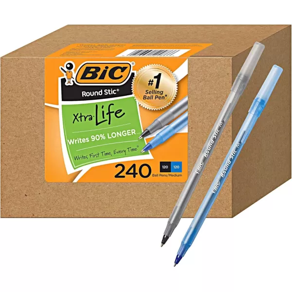 imageBIC PENS Large Bulk Pack of 240 Ink Pens Bic Round Stic Xtra Life Ballpoint  Medium point 10 mm 120 Black ampamp 120 Blue Pens in Box Combo Pack