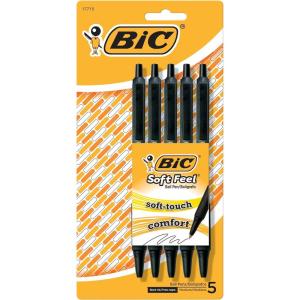 imageBIC Soft Feel Black Retractable Ballpoint Pens Medium Point 10mm 5Count Pack Black Pens With SoftTouch Comfort GripBlack  Medium Point