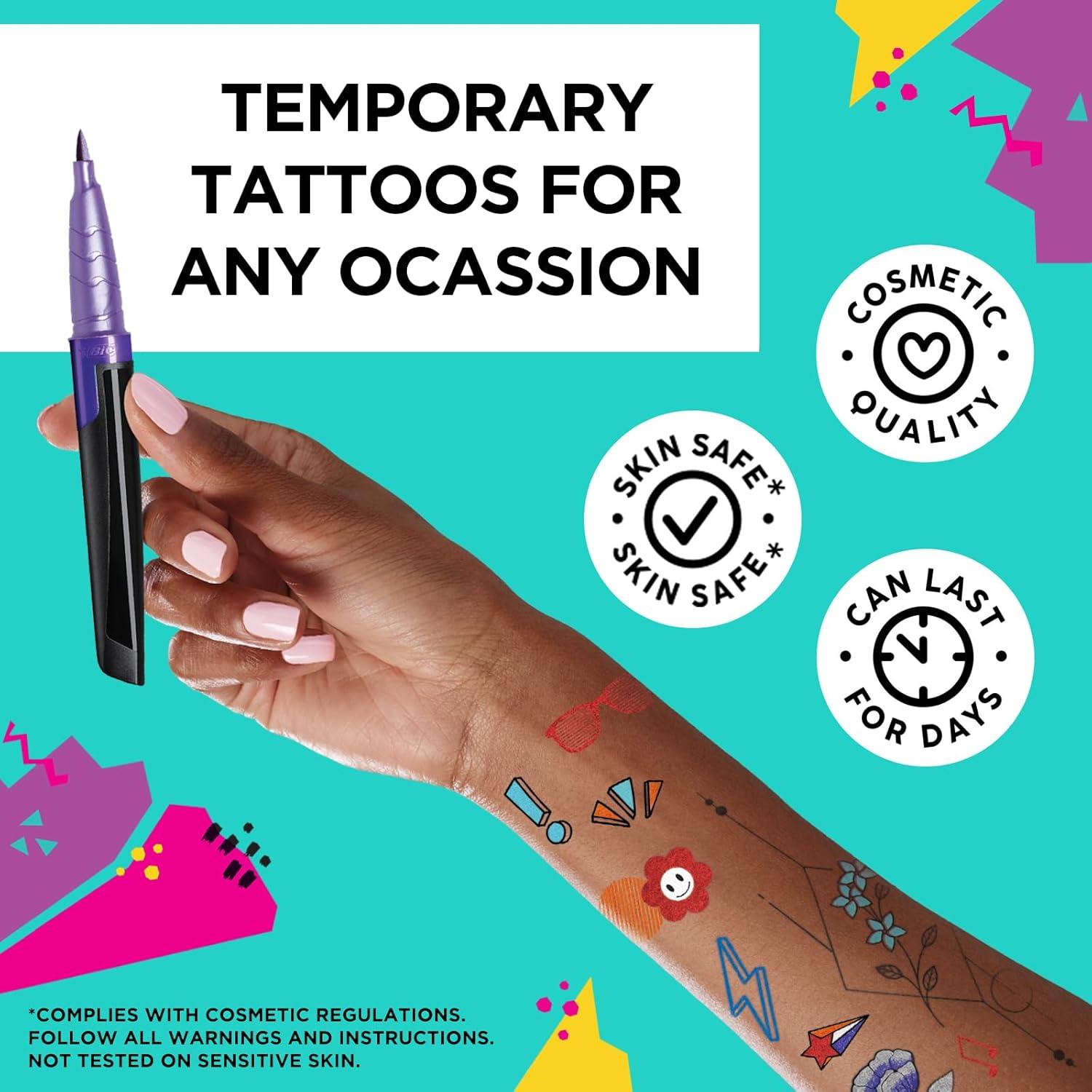 imageBodyMark 90s Pack Temporary Tattoo Markers for Skin 4 Metallic 3 Bold Colors 1 Eraser Pen Flexible Brush Tip SkinSafe Cosmetic Quality 8Count