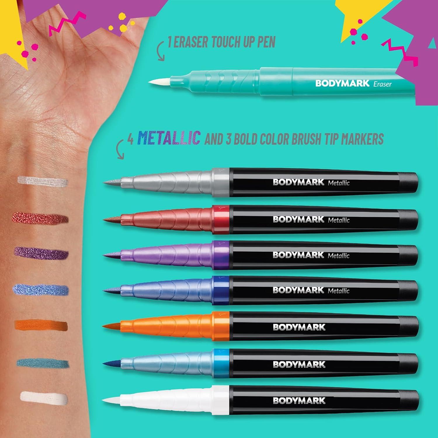 imageBodyMark 90s Pack Temporary Tattoo Markers for Skin 4 Metallic 3 Bold Colors 1 Eraser Pen Flexible Brush Tip SkinSafe Cosmetic Quality 8Count