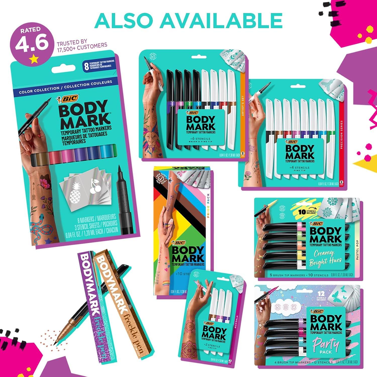 imageBodyMark 90s Pack Temporary Tattoo Markers for Skin 4 Metallic 3 Bold Colors 1 Eraser Pen Flexible Brush Tip SkinSafe Cosmetic Quality 8Count