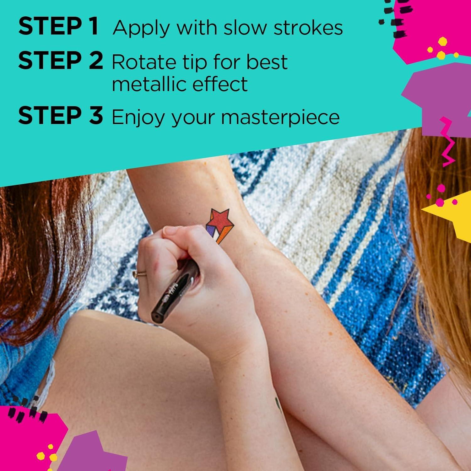 imageBodyMark 90s Pack Temporary Tattoo Markers for Skin 4 Metallic 3 Bold Colors 1 Eraser Pen Flexible Brush Tip SkinSafe Cosmetic Quality 8Count